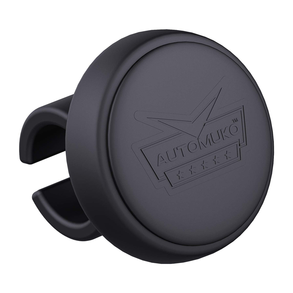 AutoMuko front view of steering wheel knob showing compact sporty shape and ergonomic benefit