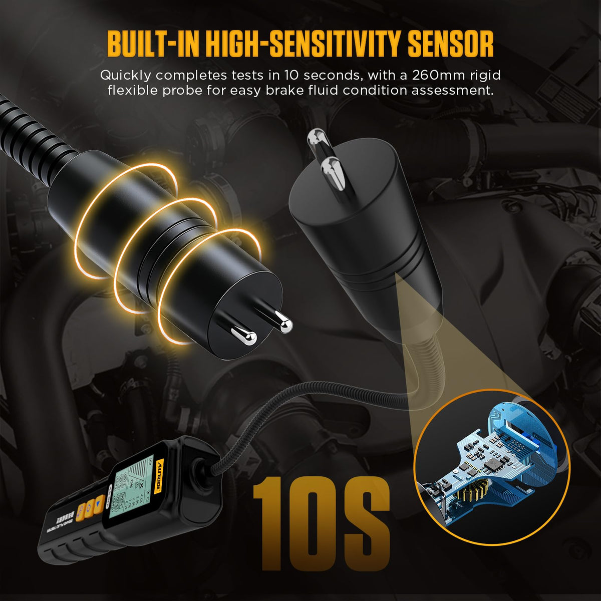 AUTOOL AS501 next to AA batteries showing portable, battery-powered benefit