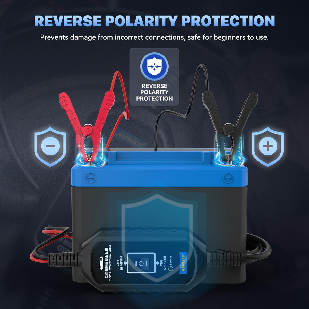 AUTOOL BT10 power clamps and EPB connector demonstrating safe hookups