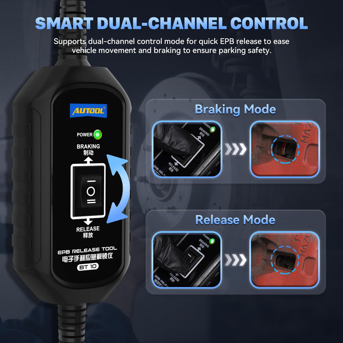 AUTOOL BT10 close-up of joystick switches and power LED for confident control