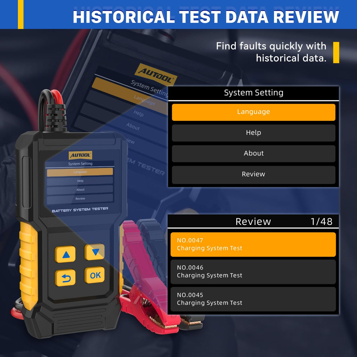 AUTOOL tester connected to car battery diagnosing cranking and charging systems