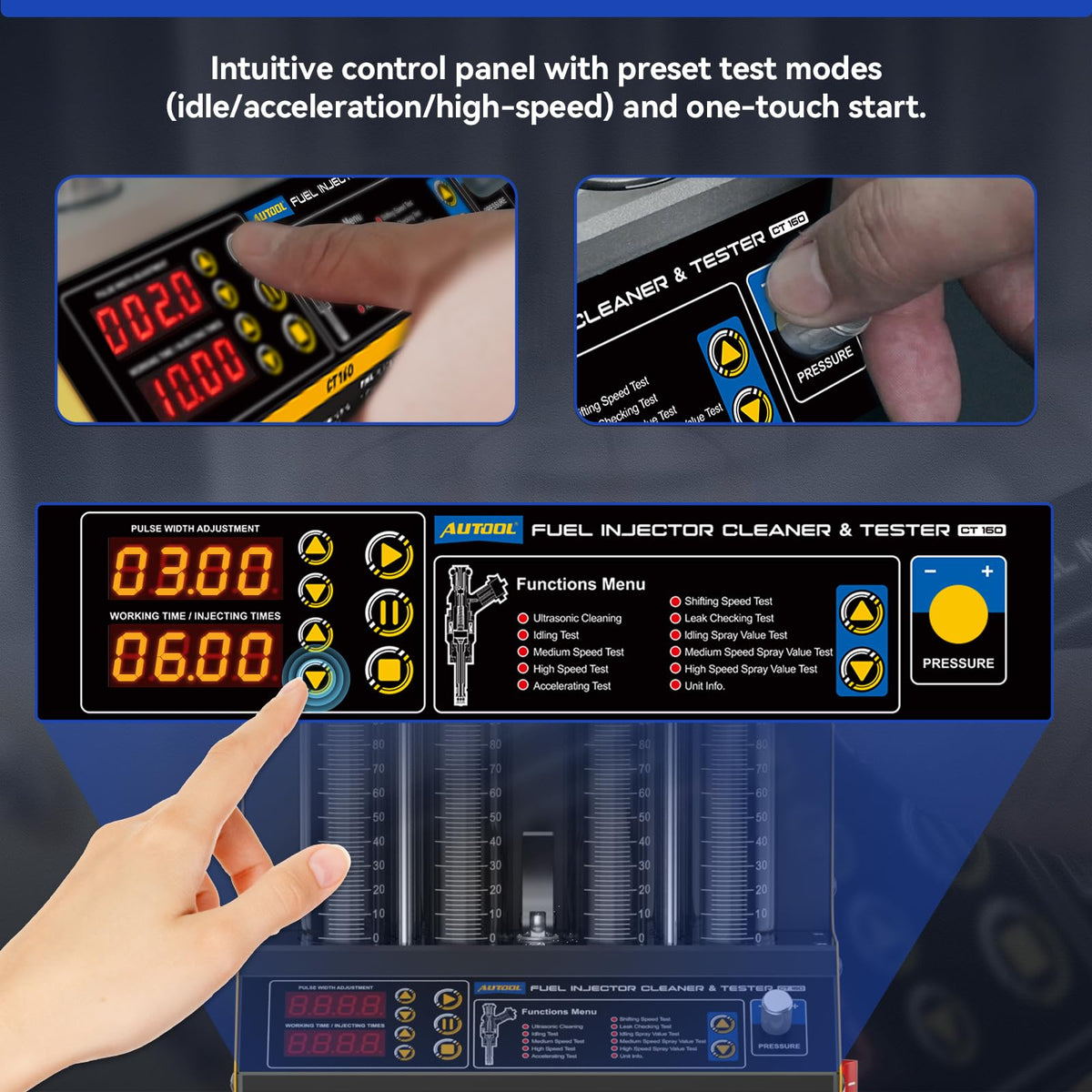 AUTOOL CT160 digital display closeup highlighting adjustable pressure and pulse