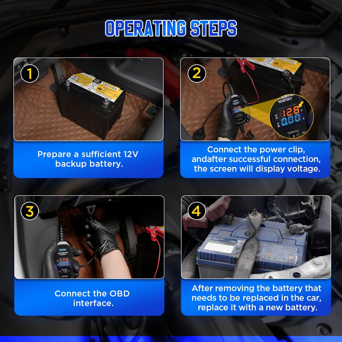 AUTOOL in use plugged into vehicle OBD port maintaining ECU memory during battery swap