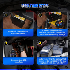 AUTOOL in use plugged into vehicle OBD port maintaining ECU memory during battery swap