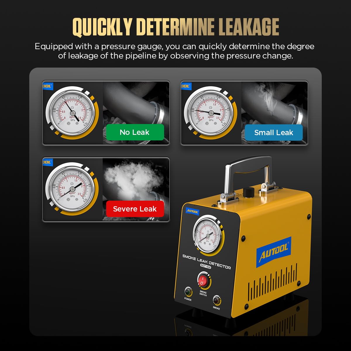 AUTOOL tester in use on car engine revealing visible smoke to locate leaks