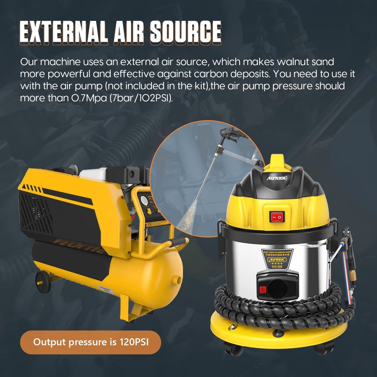 AUTOOL walnut blaster installed on engine demonstrating targeted intake-valve cleaning