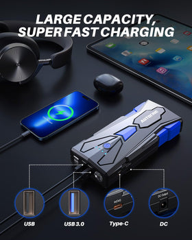 AUTOONE connected to car battery demonstrating quick jump-start capability
