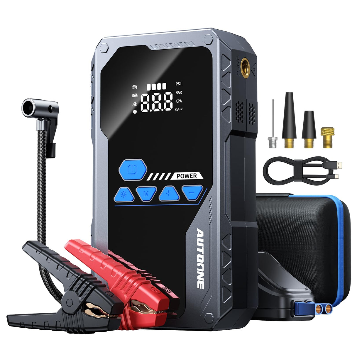 AUTOONE front view showing jump starter and compressor for roadside readiness