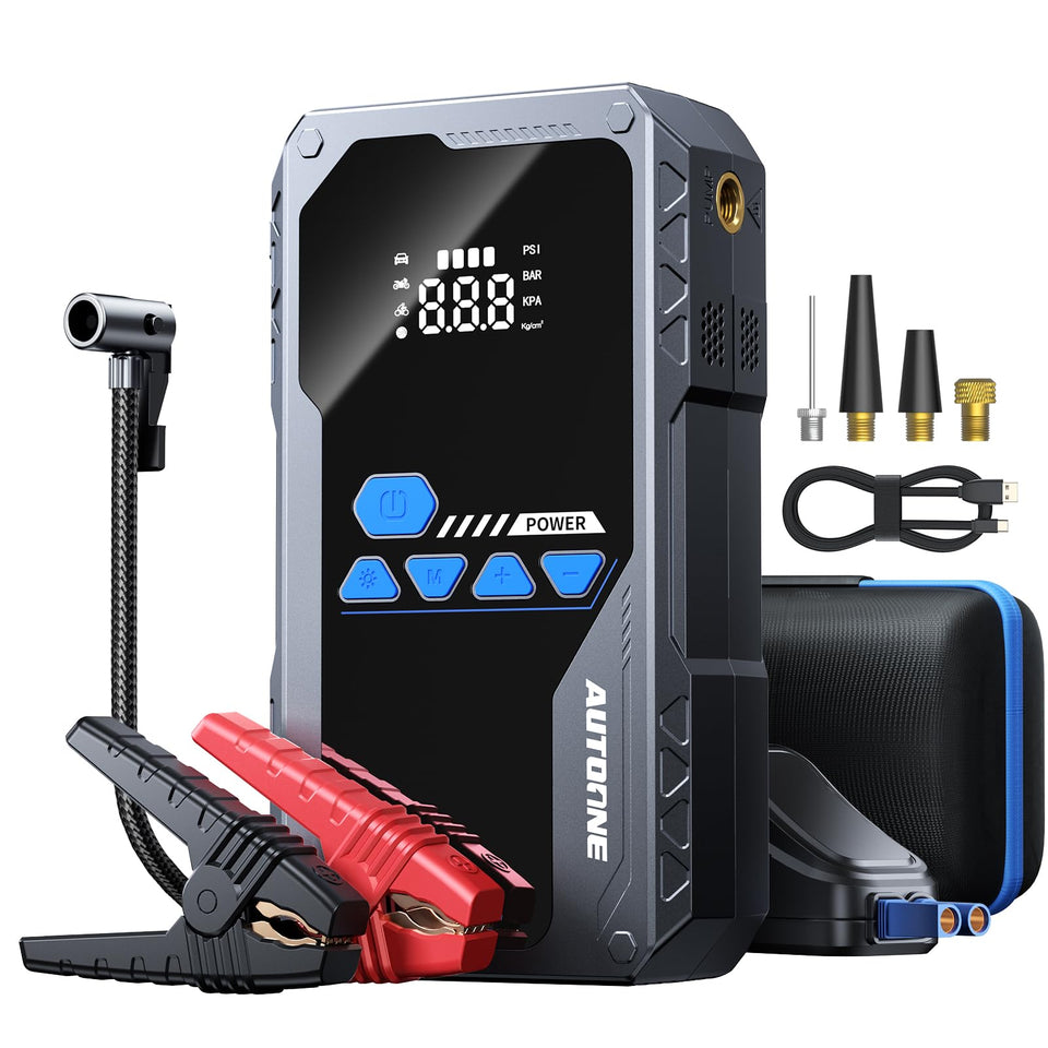 AUTOONE front view showing jump starter and compressor for roadside readiness
