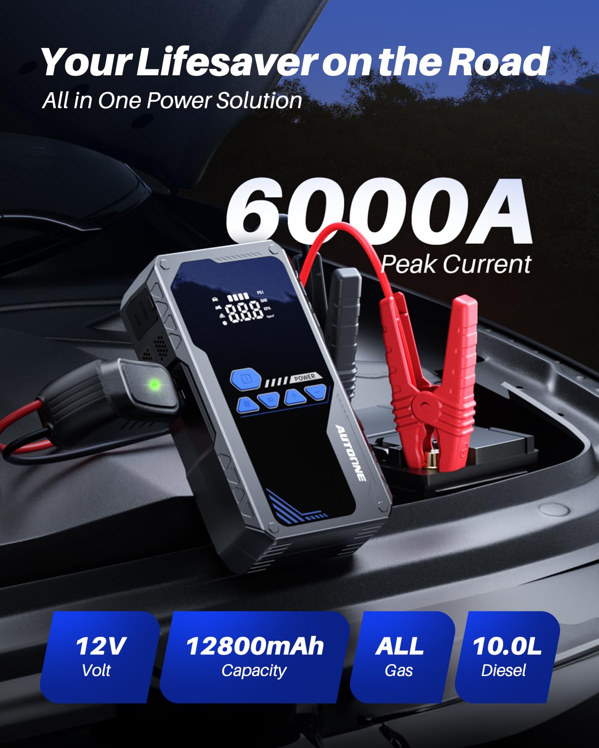 AUTOONE LCD compressor display showing pressure readout and speed benefit