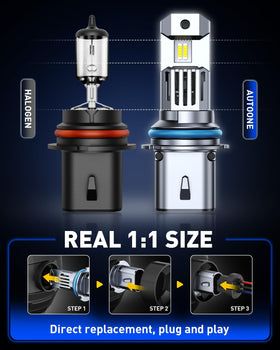 AUTOONE size comparison beside halogen bulb showing 1:1 fit benefit