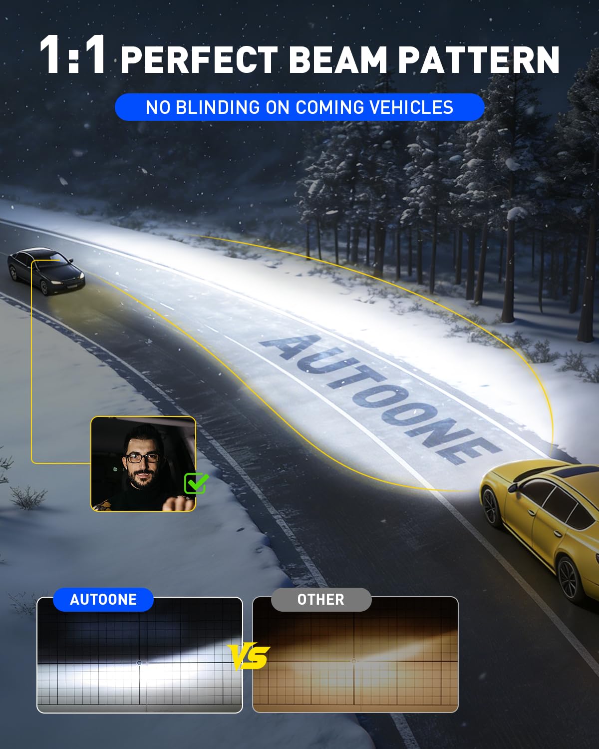 AUTOONE side-by-side halogen versus LED comparison showing improved brightness and clarity