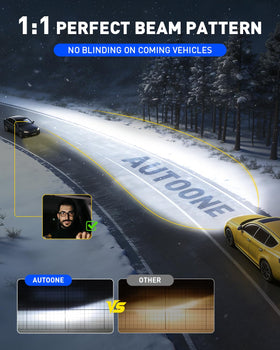 AUTOONE side-by-side halogen versus LED comparison showing improved brightness and clarity