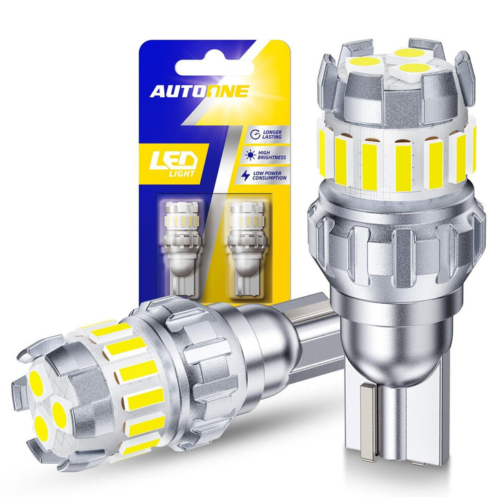 AUTOONE front packaging showing the 921 LED bulbs and easy plug-and-play benefit