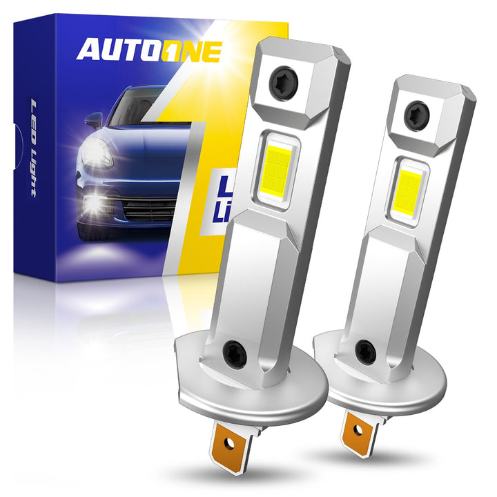 AUTOONE front packaging showing two H1 LED bulbs and benefits
