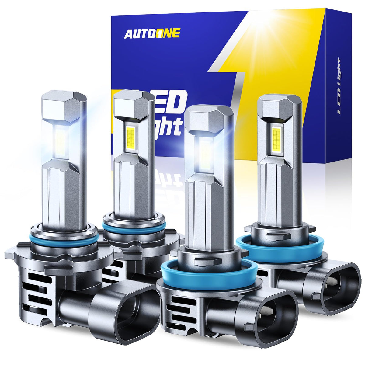 AUTOONE front packaging showing pack of 4 bulbs and benefits