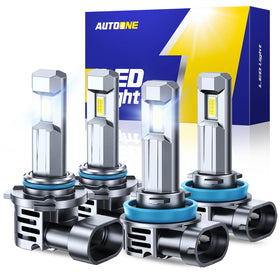 AUTOONE front packaging showing pack of 4 bulbs and benefits