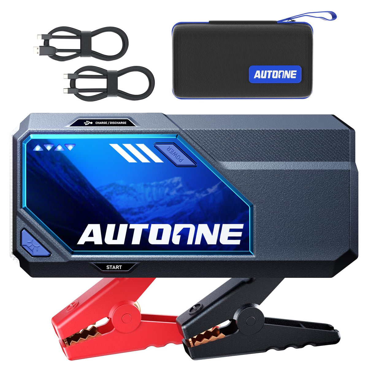 AUTOONE front view showing compact jump starter and controls for quick identification