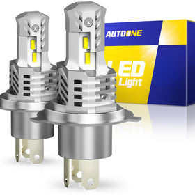 AUTOONE front view of H4 9003 LED bulb showing focused beam design and easy fit