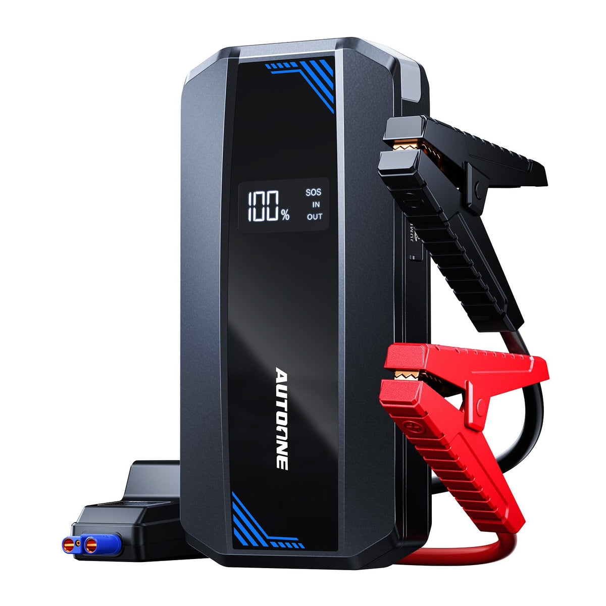 AUTOONE front view of jump starter showing compact design and portability