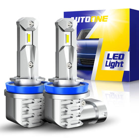 AUTOONE front view of H11 LED bulbs showing compact plug-in design and easy installation benefit