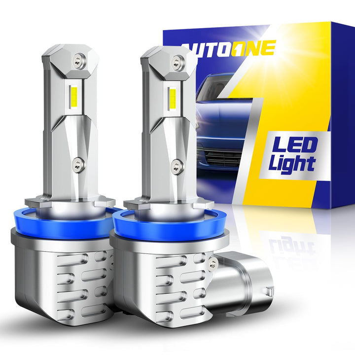 AUTOONE front view of H11 LED bulbs showing compact plug-in design and easy installation benefit