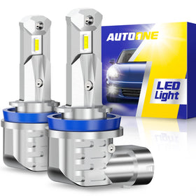 AUTOONE H11 front view showing plug-and-play base and bright white beam benefit