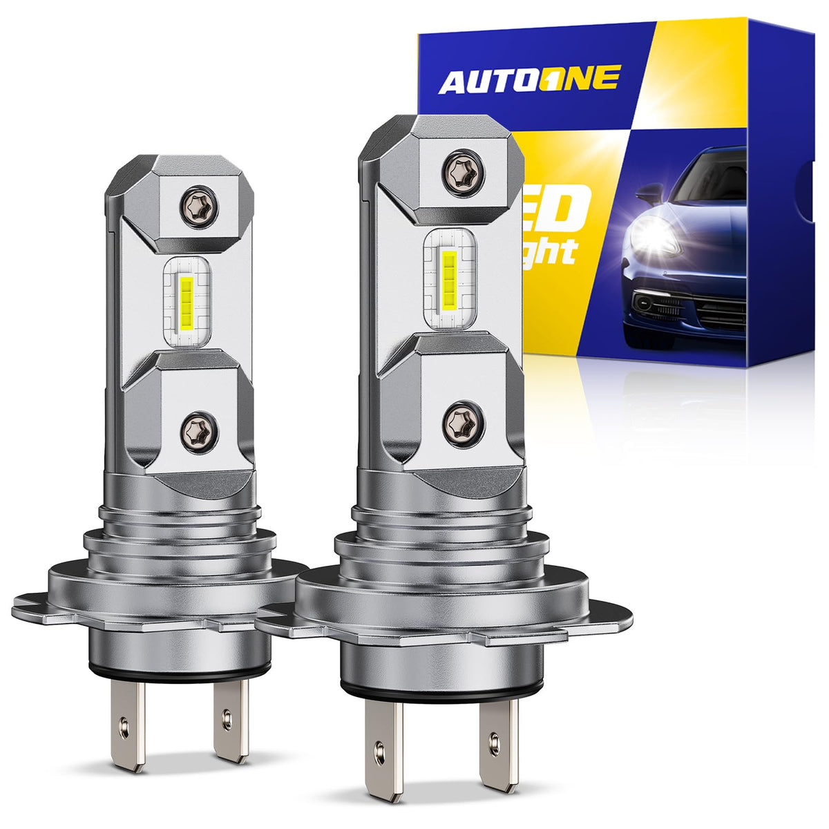 AUTOONE H7 front view showing bulb and packaging, highlights quality