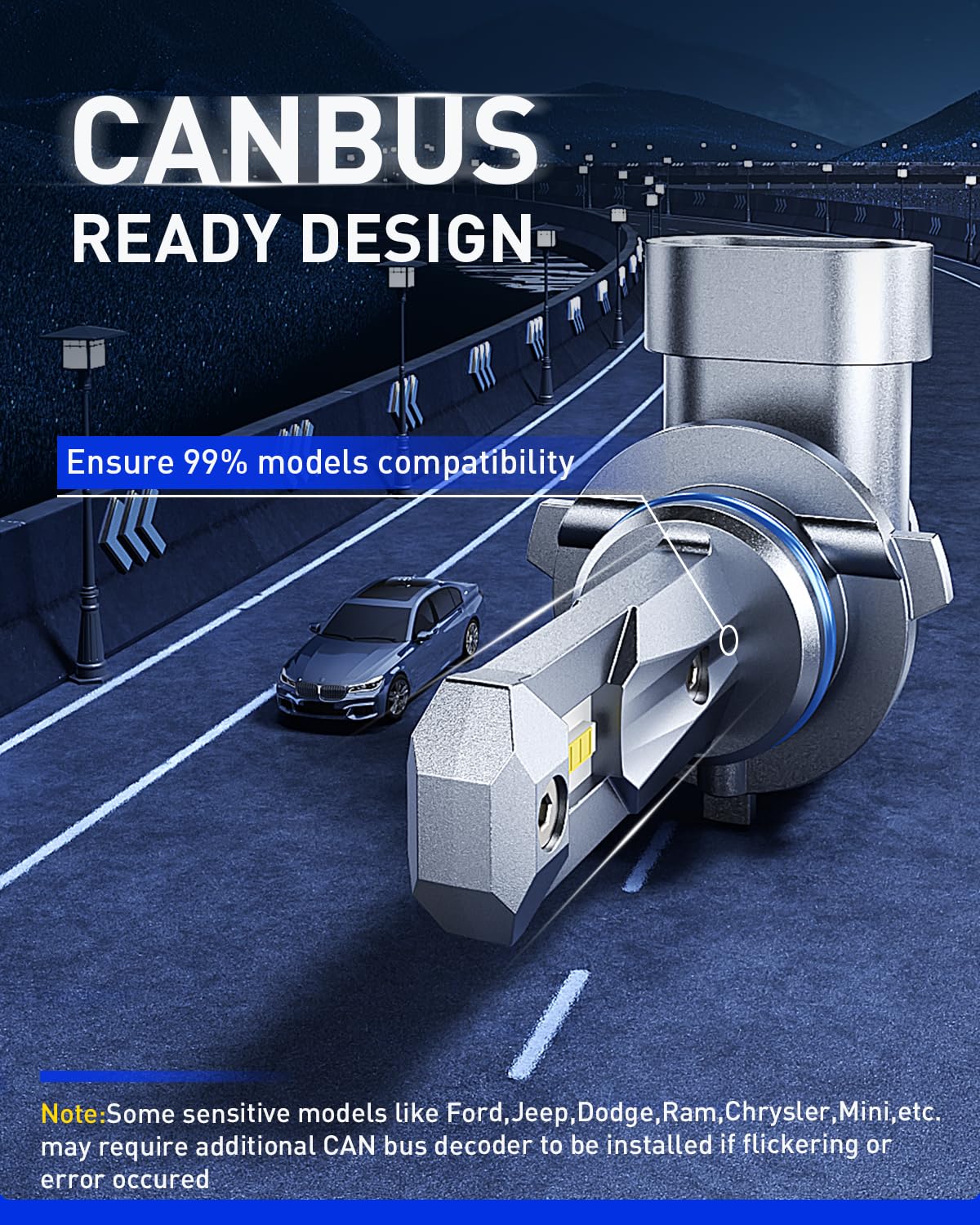 AUTOONE HB3 next to halogen bulb illustrating smaller size and fit advantage