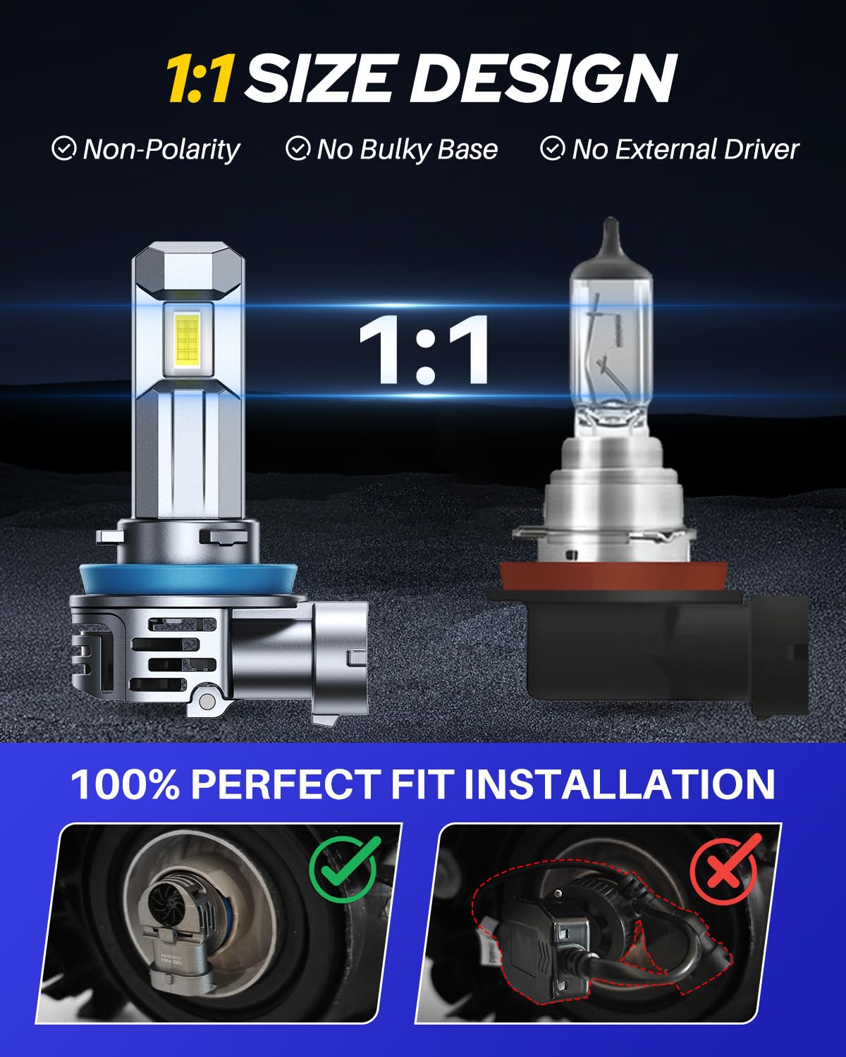 AUTOONE bulbs installed in headlight casting bright road illumination