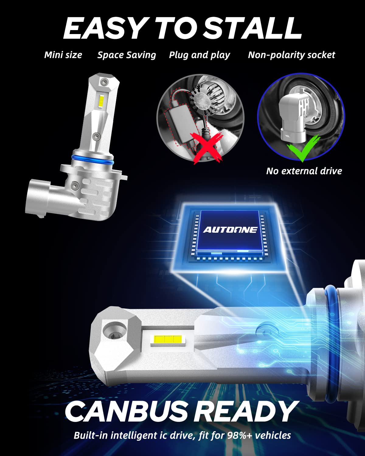 AUTOONE bulb installed in headlamp demonstrating plug-and-play fitment