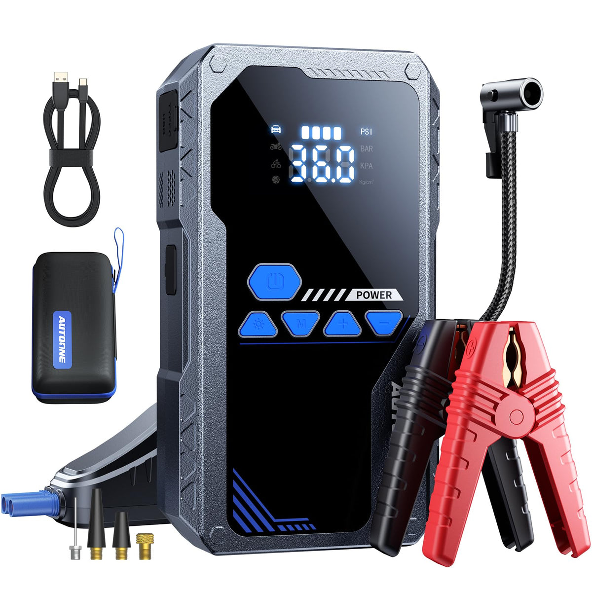 AUTOONE JWA2 front packaging showing compact jump starter and compressor benefits