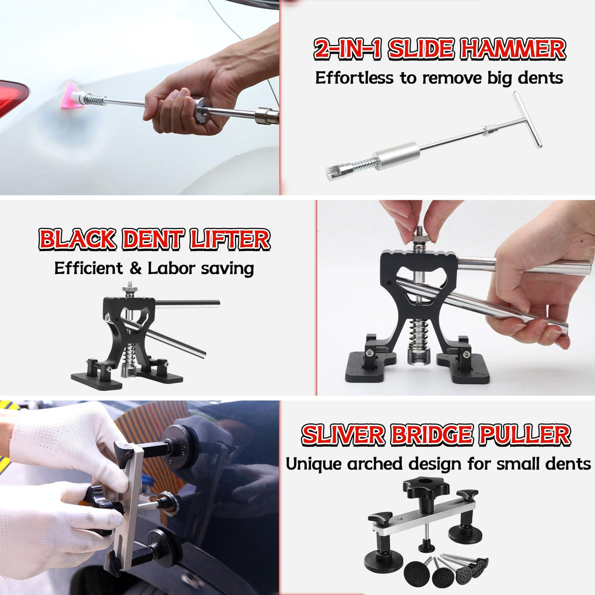AUTOPDR slide hammer and T-puller detail for controlled dent extraction