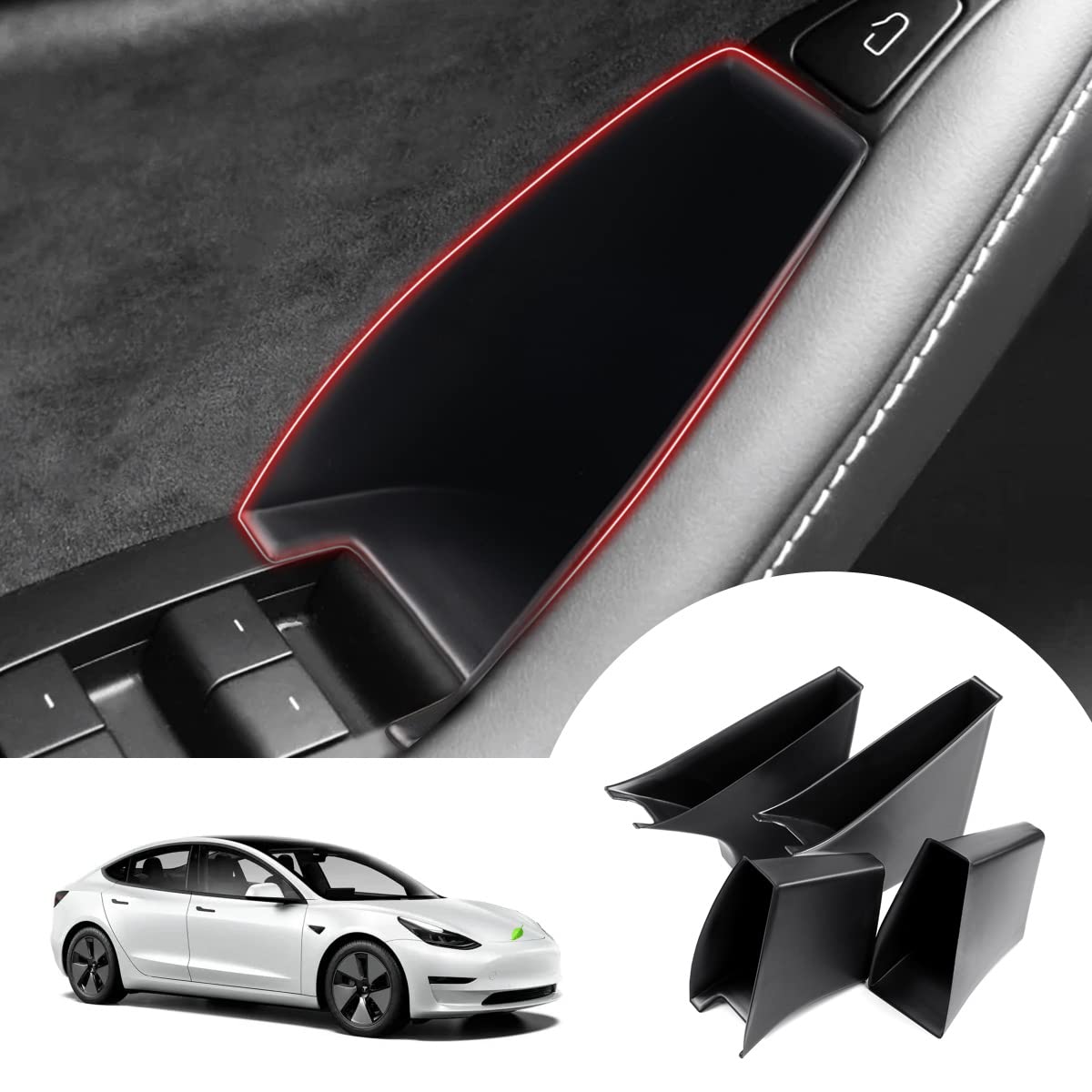 Autorder front view installed in Tesla door showing seamless fit and added storage benefit
