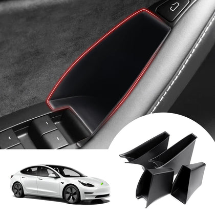 Autorder front view installed in Tesla door showing seamless fit and added storage benefit