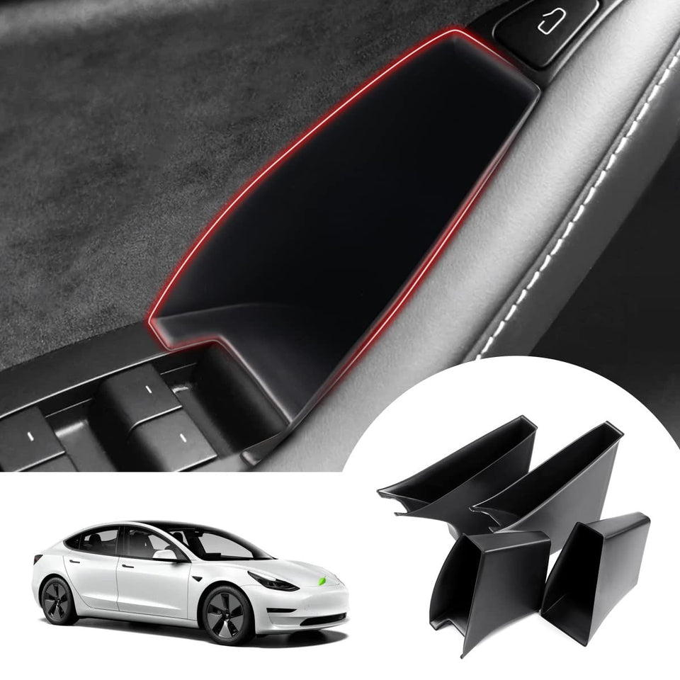 Autorder front view installed in Tesla door showing seamless fit and added storage benefit