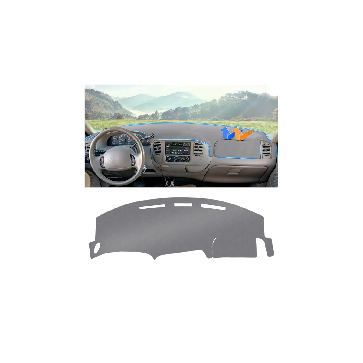 Autorder front view of gray dashboard cover showcasing fit and protection