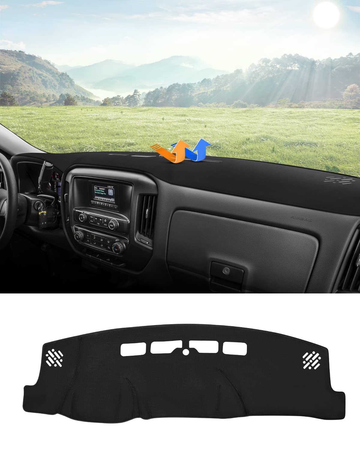 Autorder front view of dashboard cover showing fit and protection benefits
