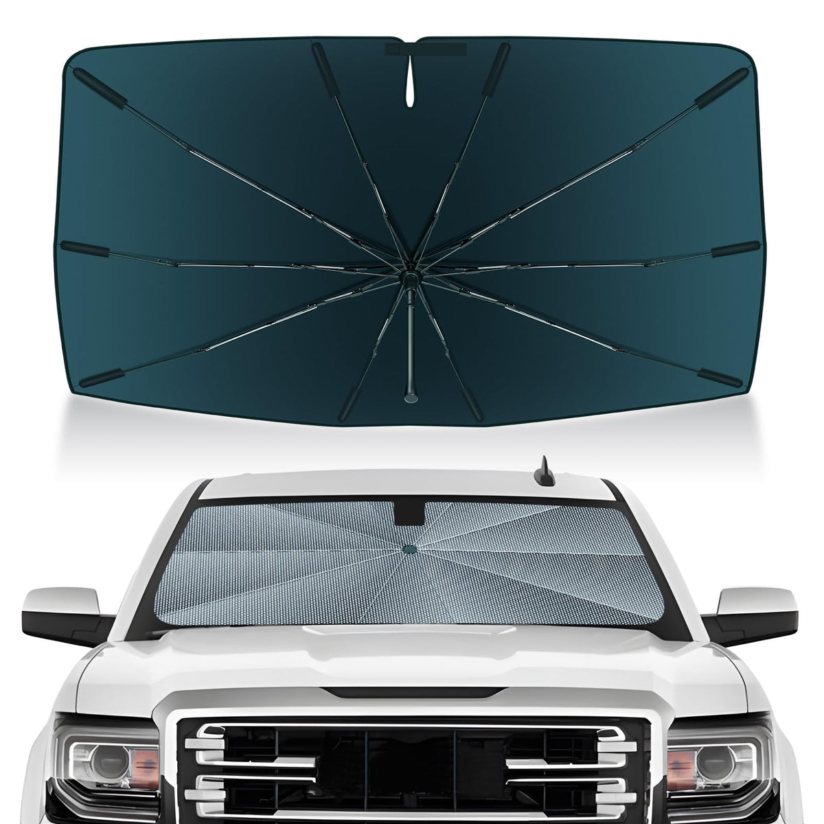 Autorder front view of umbrella sun shade on windshield showing full coverage benefit