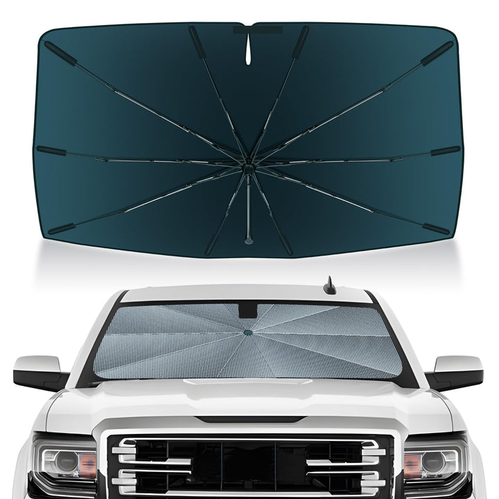 Autorder front view of umbrella sun shade on windshield showing full coverage benefit