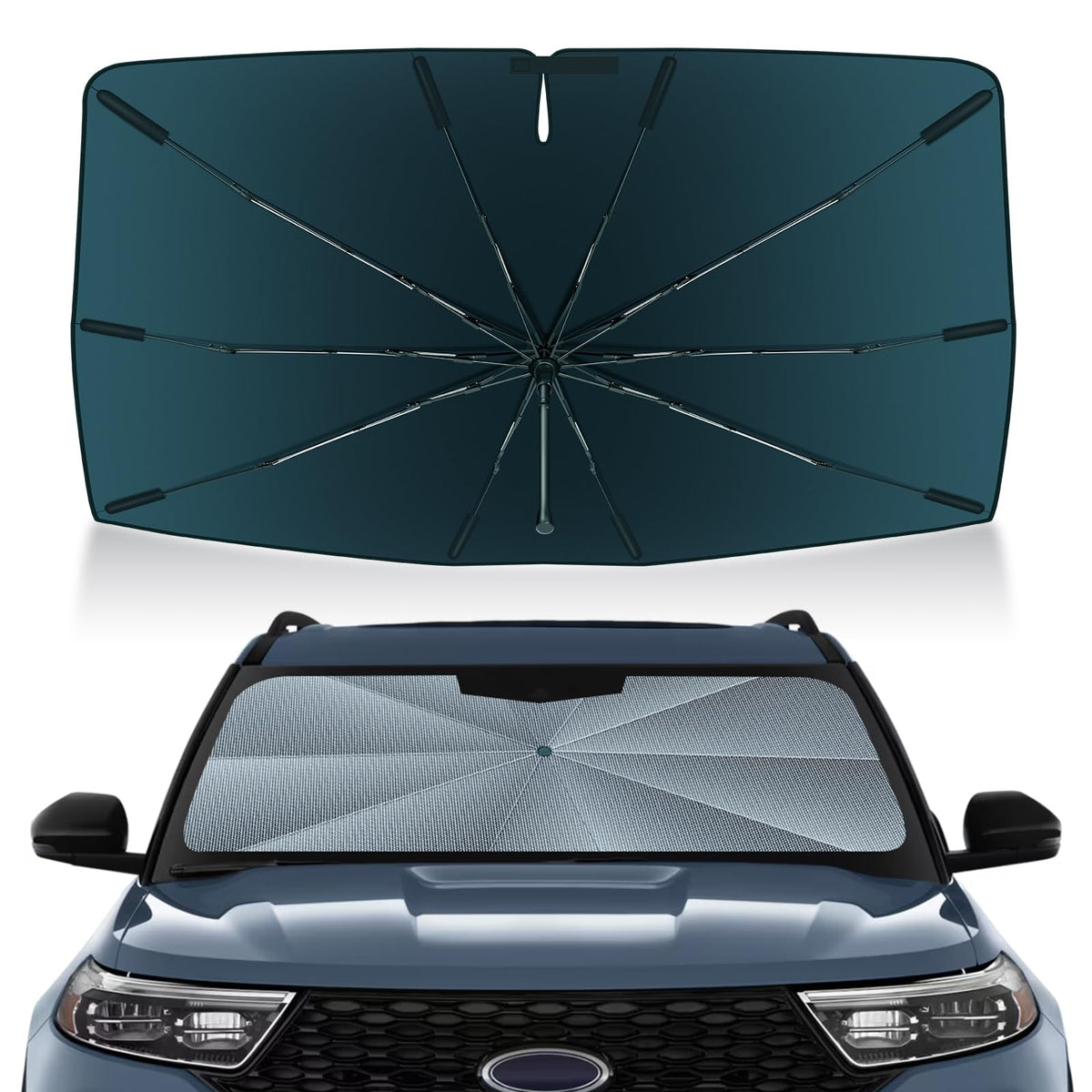 Autorder front view fitted on Explorer windshield showing full coverage and cooling benefit