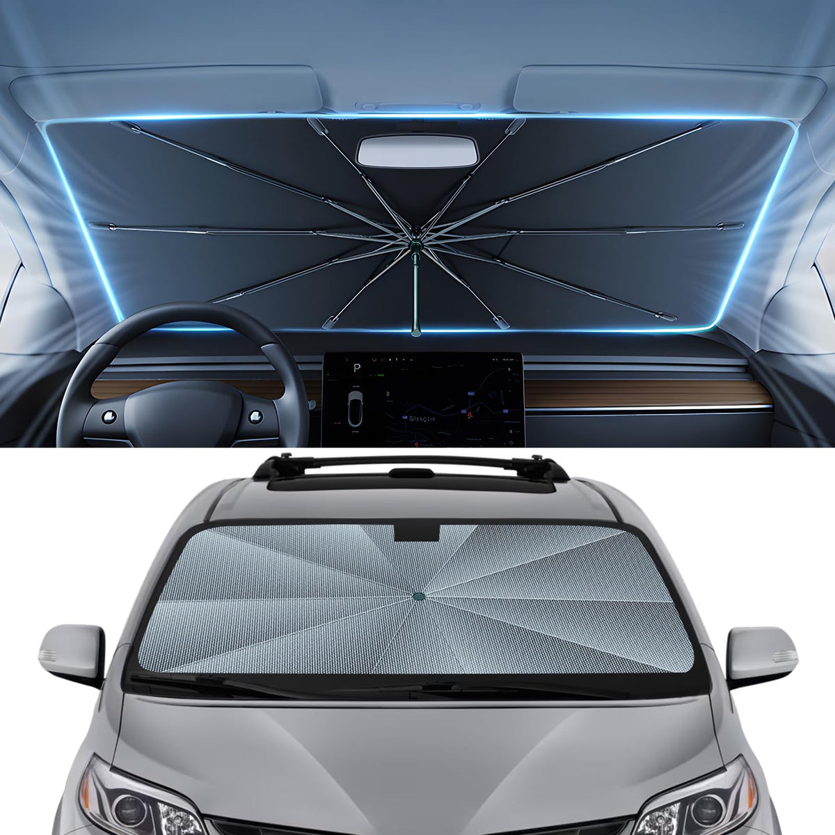 Autorder front view on Toyota Sienna windshield showing full coverage and cooler cabin