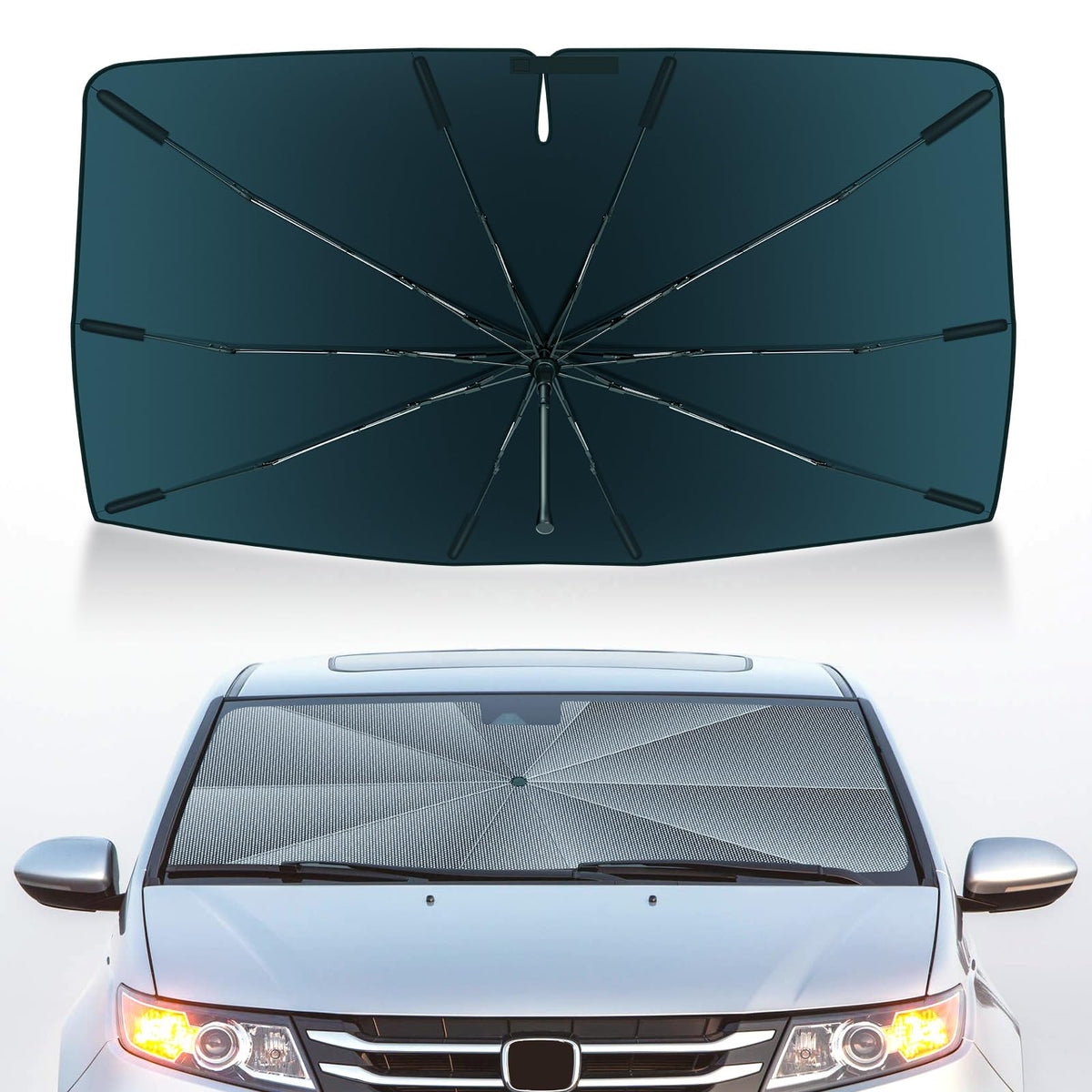 Autorder front view showing full windshield coverage and sun-blocking benefit