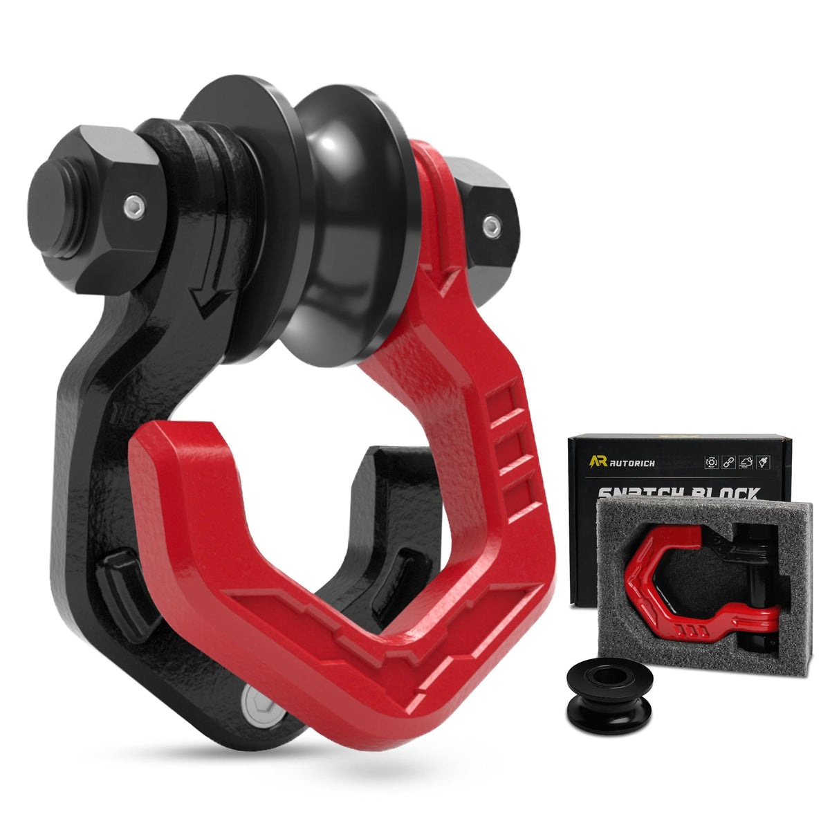 AUTORICH front view of snatch block and shackle showing compact design and durability