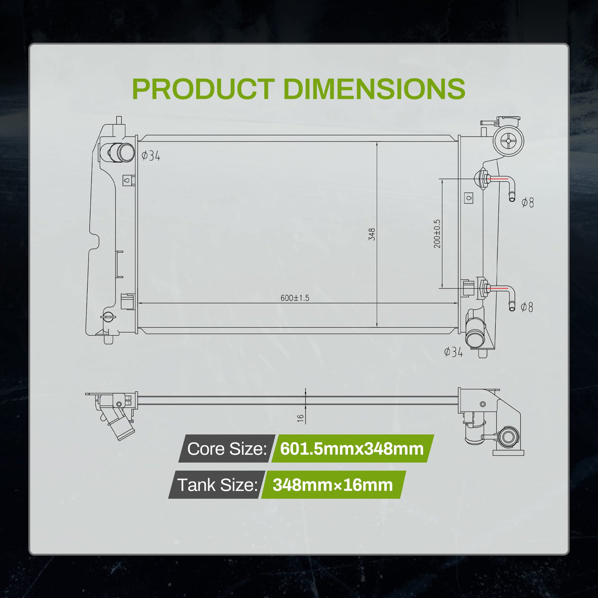 AUTOSAVER88 radiator size comparison with ruler illustrating dimensions for correct fit