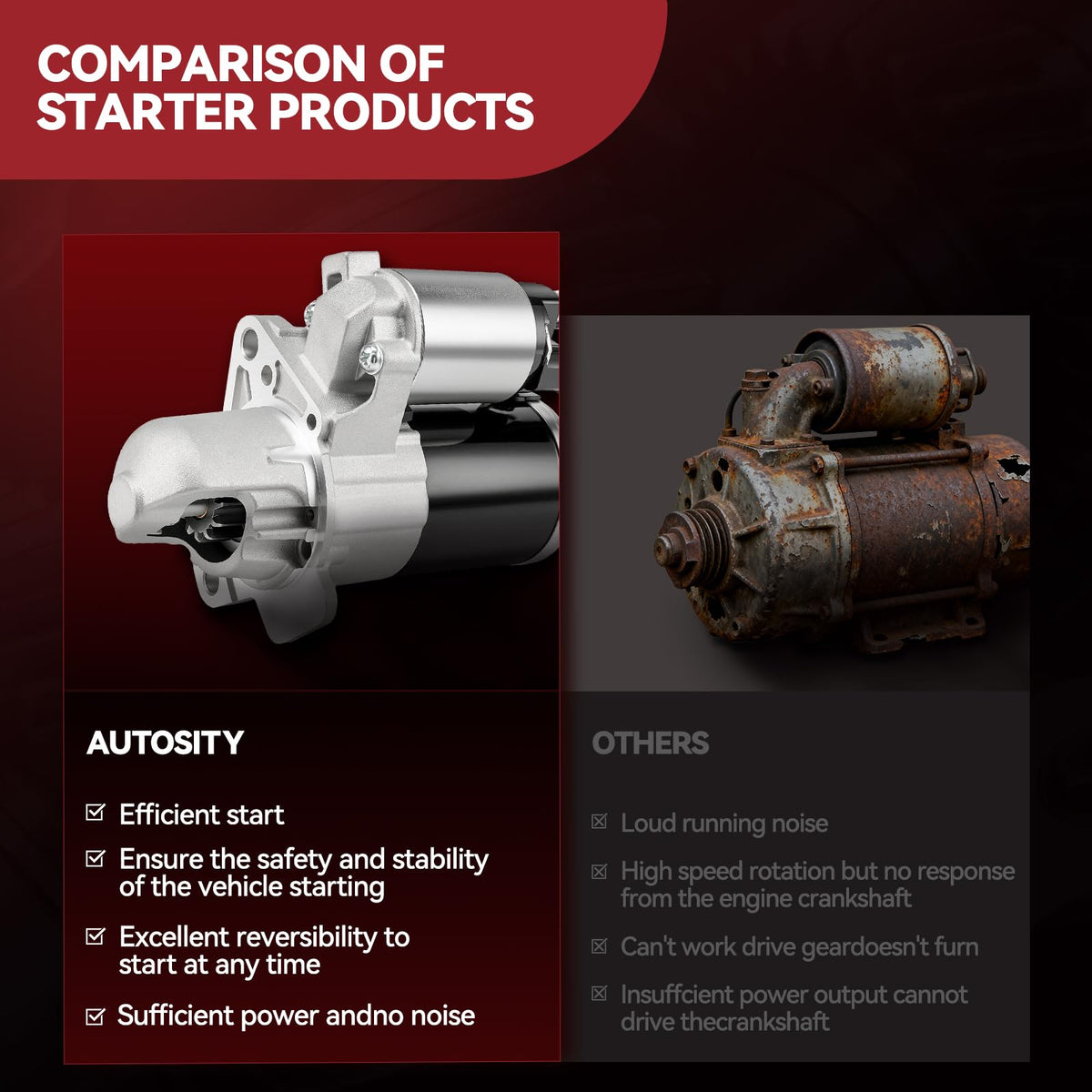 AUTOSITY starter installed in engine bay demonstrating direct-fit replacement