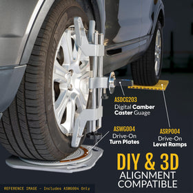 AUTOSOLO transition bridge and wheel chock set up to simplify safe vehicle positioning