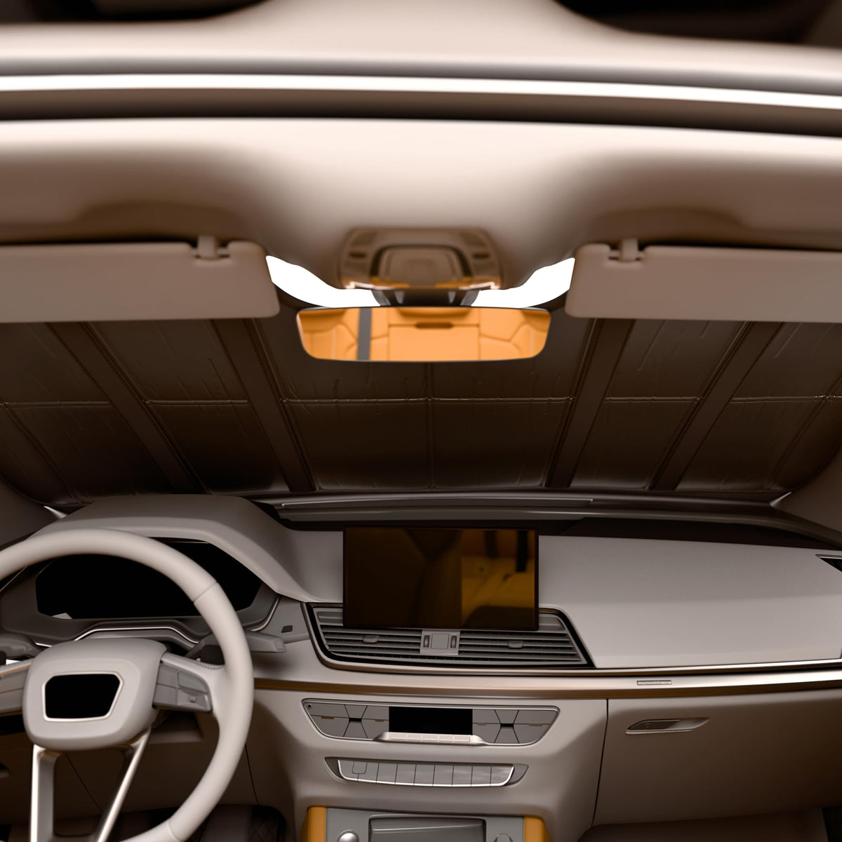 Autotech Park size comparison near steering wheel demonstrating compact folded scale