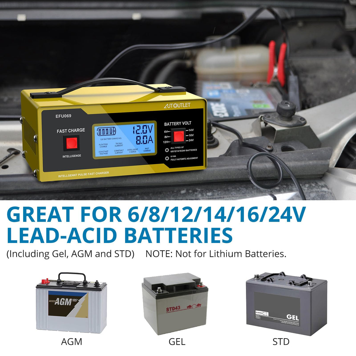 AUTOUTLET charging on a car battery in engine bay, safe maintenance benefit