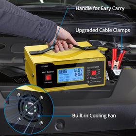 AUTOUTLET clamp connection detail on terminal, secure spark‑proof hookup benefit